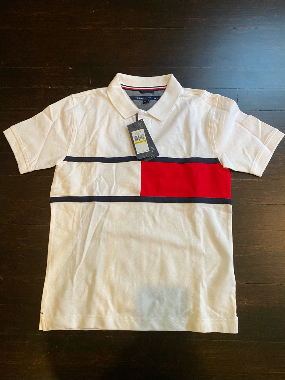 Tommy Hilfiger White Polo with Red Chest Panel and Navy Stripe  size M 12/14
